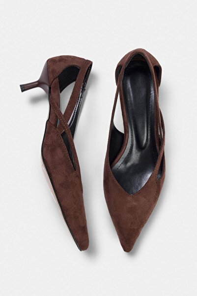 TRENDYOL SHOES Brown Cut Out Detailed Satin Pointed Toe Women's 3 cm Kitten H...