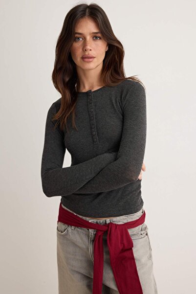 Trendyol Collection Anthracite Wool Transparent Crew Neck Half Placket Button...
