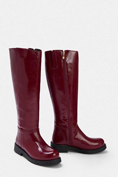 TRENDYOL SHOES Burgundy Zippered Short Women's 4 cm Flat Heeled Boots Takaw25...