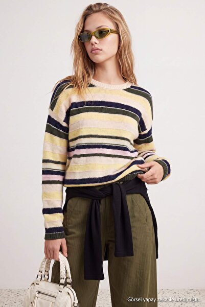 Trendyol Collection Yellow Wool Striped Soft Textured Knitwear Sweater Twoaw2...