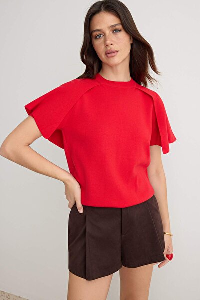 Trendyol Collection Red Cape Sleeve Detailed Crew Neck Short Sleeve Knitwear ...