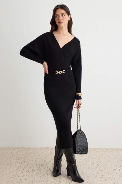 Trendyol Collection Black Double Breasted Belt Detailed Bodycone Plain Maxi K...