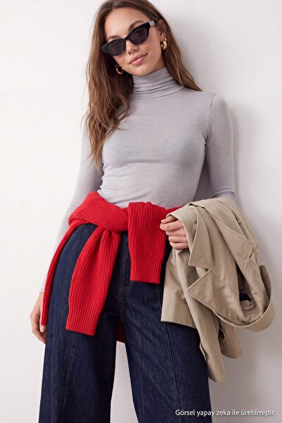 Trendyol Collection Gray Melange Transparent Mock Neck Flexible Regular Lengt...