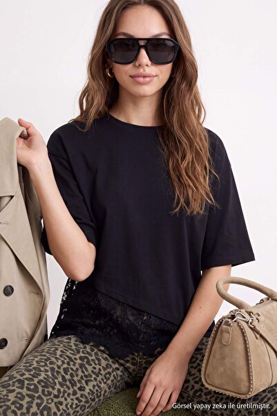 Trendyol Collection Black Regular/Normal Fit Lace Detailed Short Sleeve Knitt...