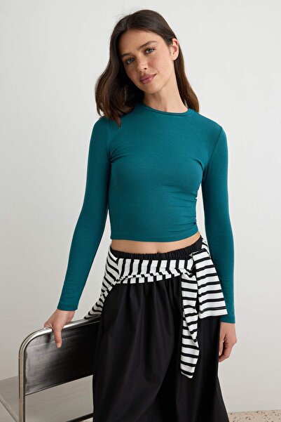 Trendyol Collection Petrol Viscose Crew Neck Crop Stretchy Knitted Blouse Two...