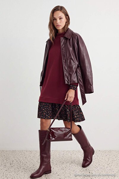 Trendyol Collection Burgundy Floral Printed Mini Thessaloniki Stand Collar Kn...