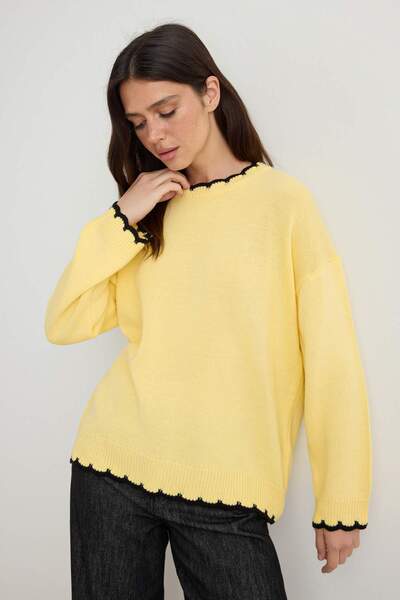 Trendyol Collection Yellow Wavy Contrast Collar Knitwear Sweater Twoaw27Kz00223
