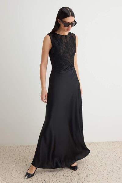 Trendyol Collection Black Lace Detailed Shift/Straight Cut Maxi Woven Satin E...