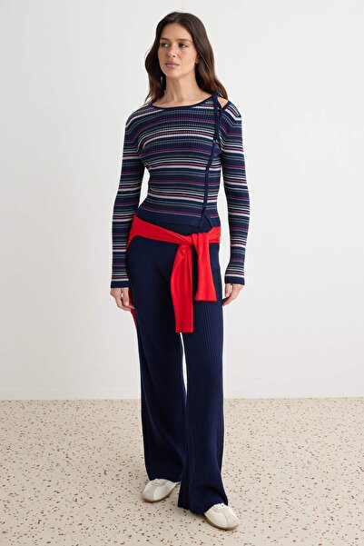 Trendyol Collection Navy Blue Striped Cut Out Detailed Knitwear Top and Botto...