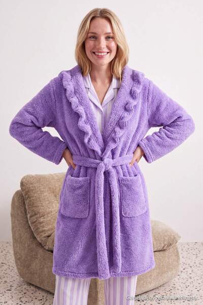 Trendyol Collection Lilac Frilly Pocketed Wellsoft Winter Knitted Dressing Go...