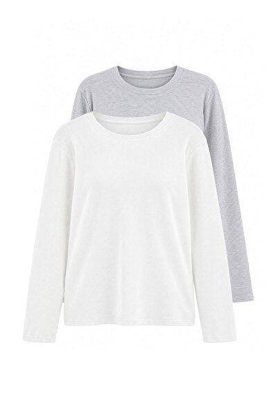 Trendyol Curve Ecru-Grey 2-Pack Crop Camisole Knitted Plus Size Blouse Tbbaw2...