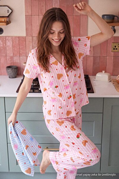 Trendyol Collection Pink-Multicolor 100% Cotton Fun Patterned Knitted Pajama ...