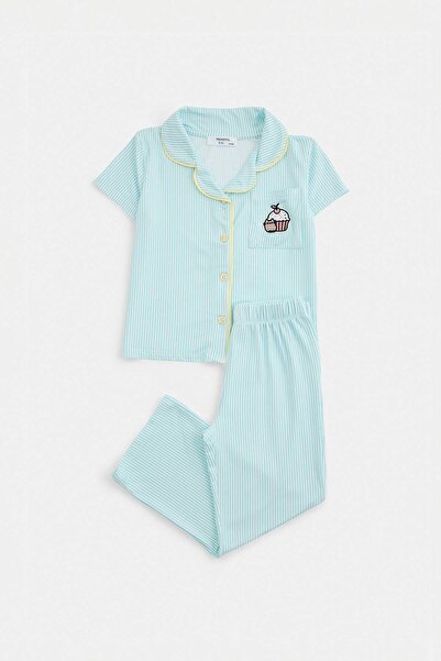 TRENDYOLKIDS Mint Girl's Embroidered Pajama Set Tkdaw27Pt00025