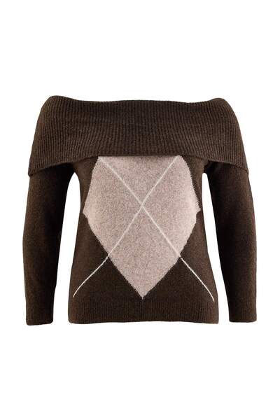 Trendyol Curve Brown Baklava Patterned Wool Soft Feel Knitwear Sweater Tbbaw2...