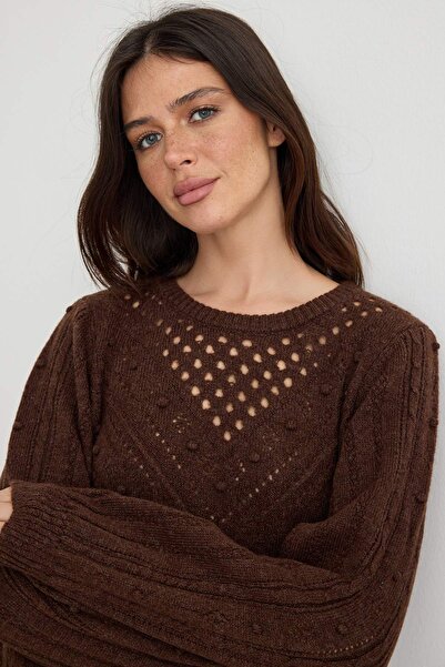 Trendyol Collection Brown Soft Textured Knit Detailed Knitwear Sweater Twoaw2...