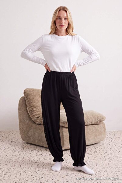 Trendyol Collection Black Shalwar Fit Lace Detailed Viscose Knitted Pajama Bo...