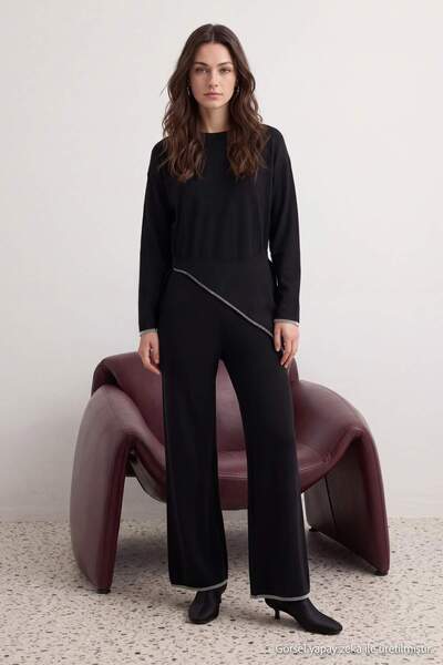 Trendyol Modest Black Regular Waist Tie Detailed Contrast Stitched Knitwear H...