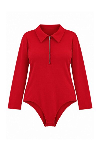 Trendyol Curve Red Polo Collar Zipper Knitted Large Size Body Tbbaw27Cs00025