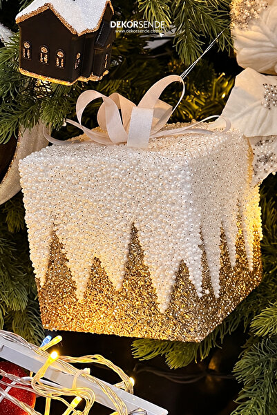 Dekorsende Christmas Ornament Glitter Zigzag Gift Box Gold 15 cm