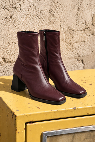 Scarpebutik Kadın Bordo Kare Burun Streç Bot Topuk 5 Cm
