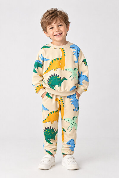 LuccoKids Dinozor Desenli Krem Sweatshirt & Baskılı Pantolon Takımı