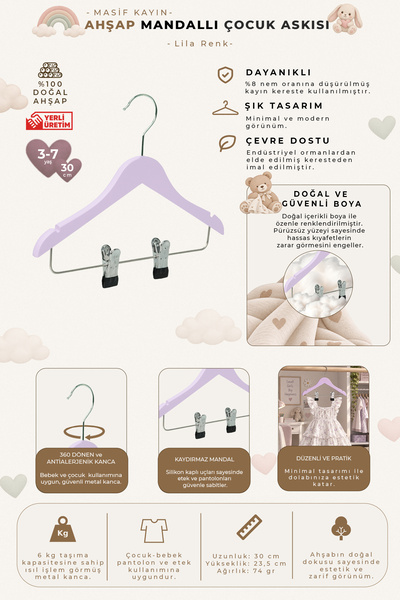 NYN Wooden Ksçm 3-7 Years Old 30cm Child Hanger with Latch Lila Color 8 Pieces