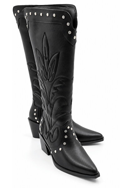 İX Statice Women's Black Embossed Embroidered Pointed Toe Thick Heeled Below ...