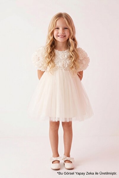 Le Mabelle Girl's Dress with Cream Rose Textured Tulle Skirt - Dara