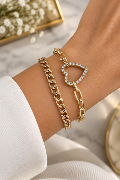 Modex Gold Color Double Heart Detail Stone Bracelet (18cm)