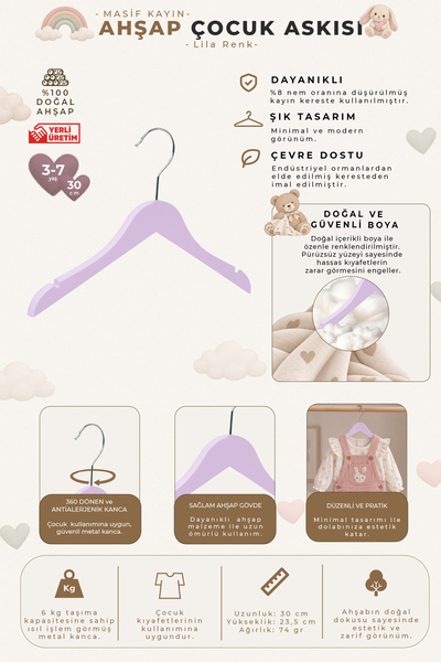 NYN Wooden Ksç 3-7 Years Old 30cm Children's Hanger Lila Color 32 Pieces