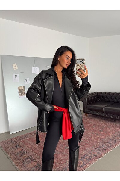 mydukkan.co Belted Oversize Leather Jacket - Black