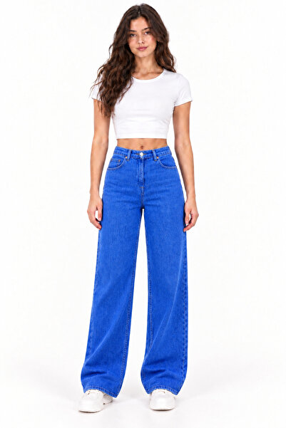 Weekeep Kadın Saks Mavisi Yüksek Bel Wide-Leg Geniş Paça Jean Pantolon
