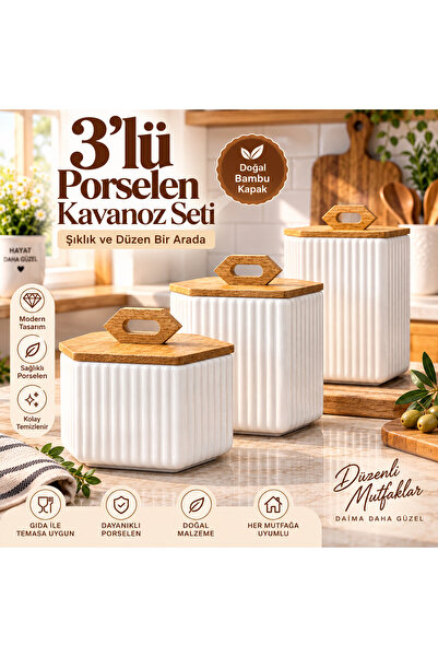 Pembelia Life 3’lü Bambu Kapaklı Porselen Kavanoz Takımı Çay Şeker Tuz Kahve ...
