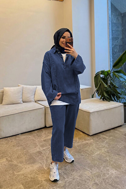 Suede Style 5857 - Şık Rahat İnce Yumuşak Kot Kumaş Kadın Pantolon Tunik Takımı