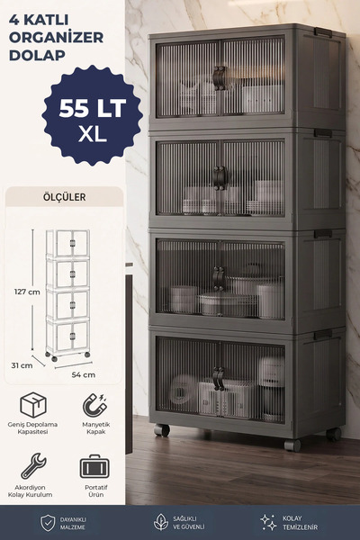 Kitchen Life 4'lü Portatif Istiflenebilir Tekerlekli Organizer Dolap  - Sakla...