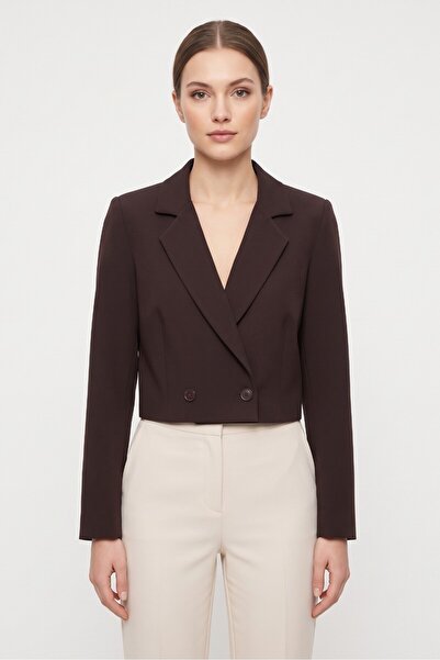 Saade Acı Kahverengi Kadın Regular Fit Kruvaze Kapama Dokuma Crop Blazer Ceke...