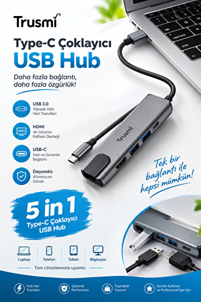 TRUSMI Type-C Multifunctional Hub 5’i 1 Arada – HDMI + USB 3.0 + PD Şarj Çokl...