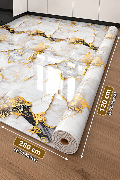 UKAB DEKOR 120cm x 2.80cm Metre Rulo Gold Beyaz Mermer Desenli Yapışkanlı Duv...