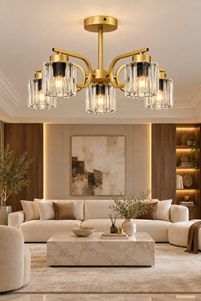ESSLİGHT Asel 5’li Eskitme Plafonyer Kristal Taşlı Avize Salon Mutfak Yatak O...