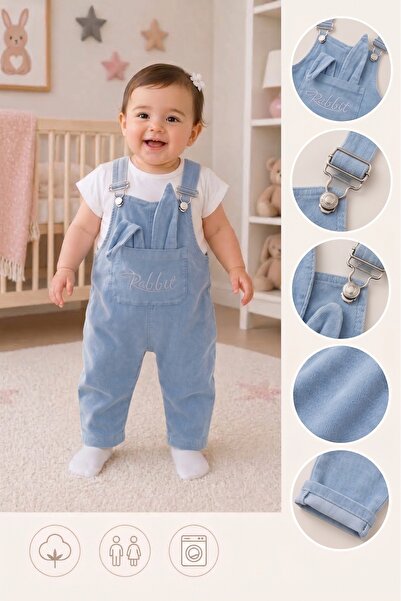 Baby Buu BAÇ- Tavşan Kulaklı detaylı ön cepli kot salopet takım 6-9/9-12/12-1...