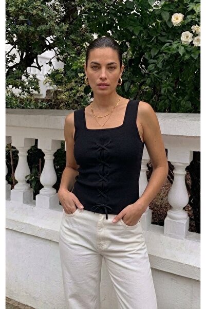 onno style women Sleeveless Square Neck Tricot Women's Blouse with Lace Detail