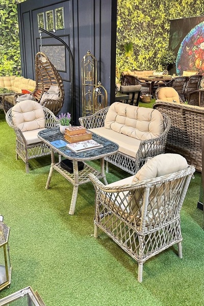 huteras Bahçe Oturma Grubu Rattan 2+1+1 Bej Orkide Cam Sehpalı Minderli El Ör...