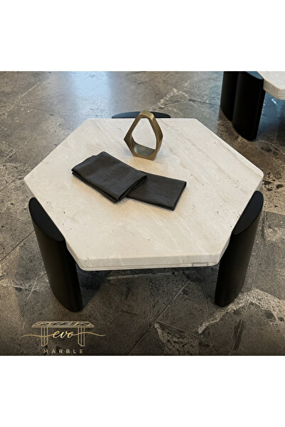 Evo Marble طاولة وسط من الرخام الطبيعي رخام ترافنتينو و قواعد خشبية