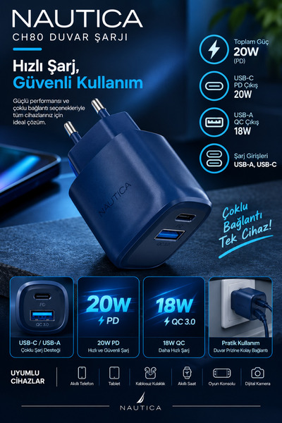 Nautica CH80 20W PD Hızlı Şarj Adaptörü USB-C USB-A Duvar Şarj Cihazı QC 18W ...