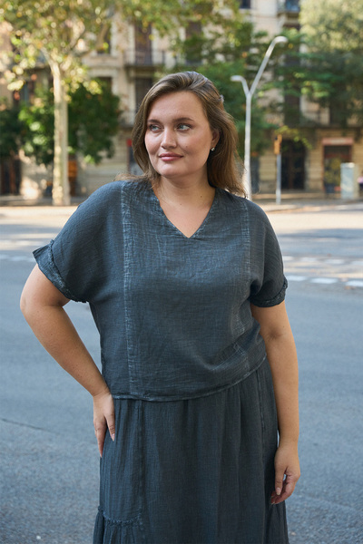 İKİKIZ Cotton Navy Blue V-Neck Blouse