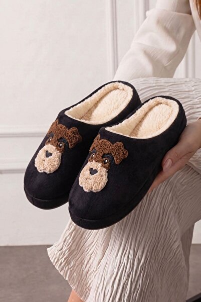 FUGA MODA Howy Black Dog Figured Plush House Slippers Soft Inside Winter Indo...