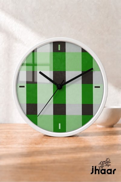 JHAAR Green Black Plaid Modern Wall Clock - Medium Size 25 cm - White Case - ...