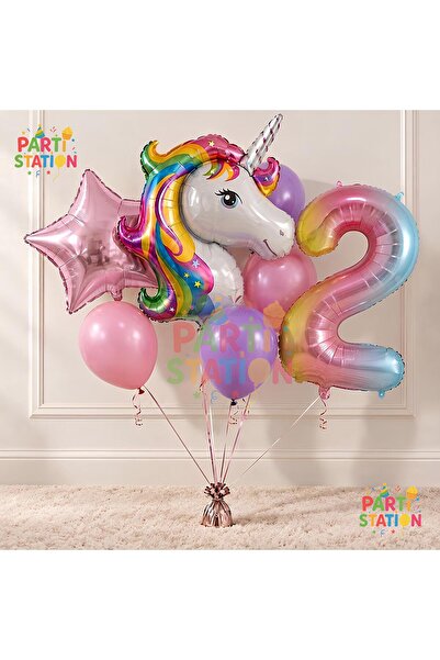 Parti Station Unicorn Gökkuşağı 2 Yaş Folyo Balon Set Konsept Doğum Günü Set ...