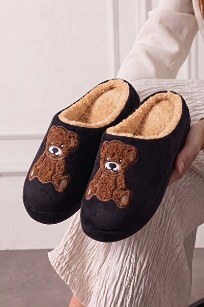 FUGA MODA Pepra Black Teddy Bear Plush House Slippers Embroidered Winter Indo...