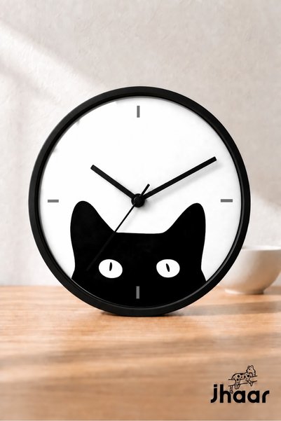 JHAAR Black Cat Modern Wall Clock - Medium Size 25 cm - Black Case - Silent w...